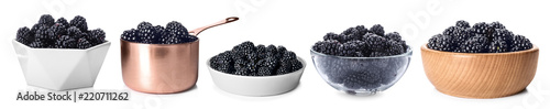 Set with fresh tasty blackberries in dishware on white background
