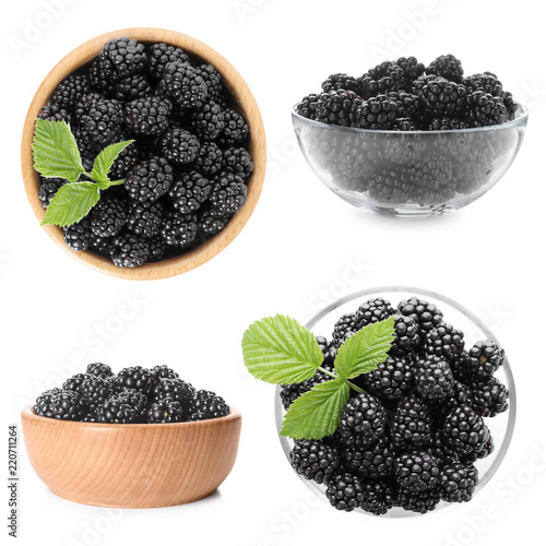 Set with fresh tasty blackberries in bowls on white background