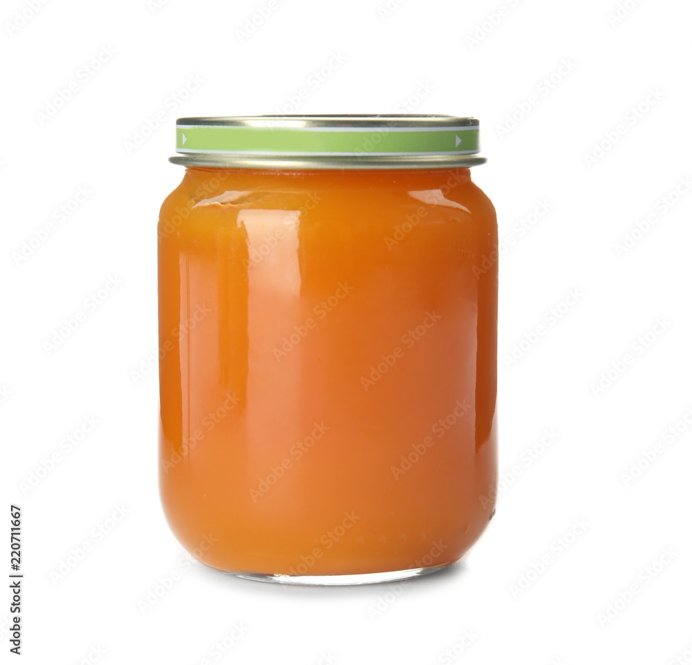 Jar with healthy baby food on white background Jar with healthy baby food on white background