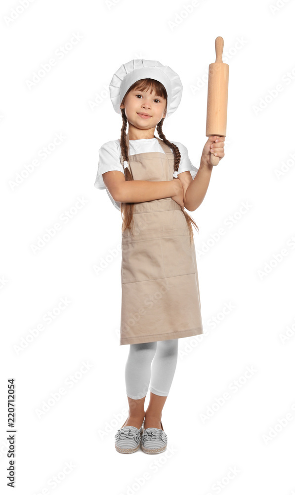 Full length portrait of little girl in chef hat with rolling pin on white background Full length portrait of little girl in chef hat with rolling pin on white background