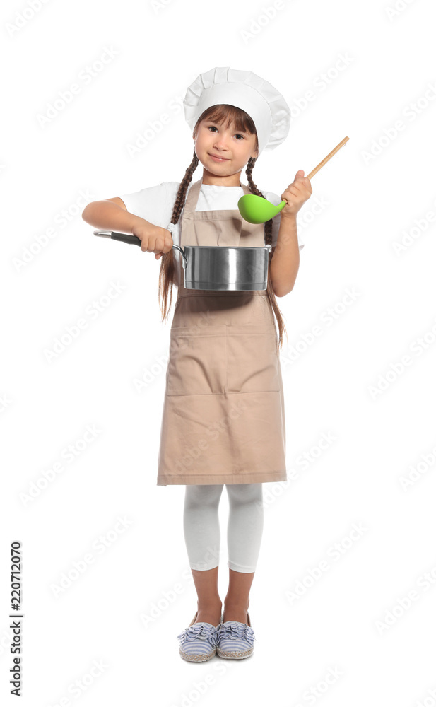Full length portrait of little girl in chef hat with ladle and saucepan on white background Full length portrait of little girl in chef hat with ladle and saucepan on white background