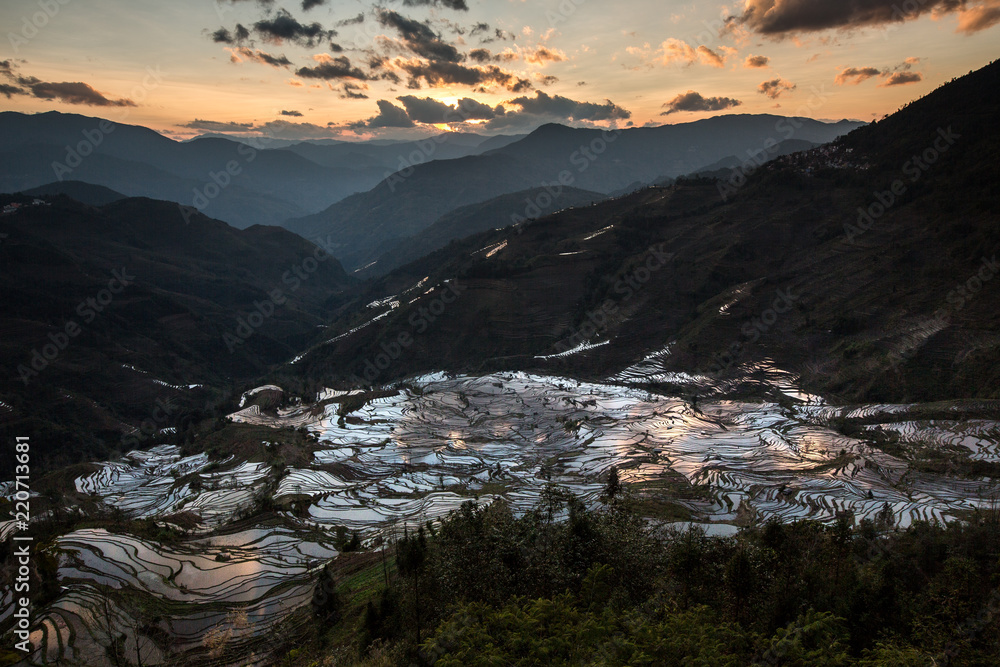 Irrigated Rice Terrace Fields in Yuanyang County - Yunnan Province, China. Water filled terraces, reflecting the blue sky color. Small farming huts, Laohuzui (Tiger Mouth) scenic area sunset