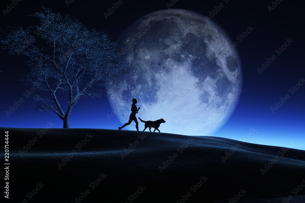 3D female and her dog jogging in a night landscape with moon in sky Stock  Illustration | Adobe Stock