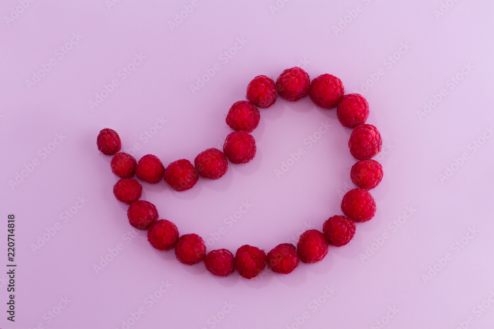 Group of berries raspberries spread in the form of a drop on a light purple background. Group of berries raspberries spread in the form of a drop on a light purple background.