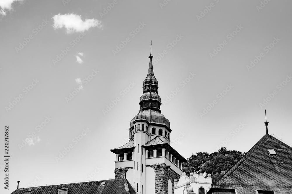 Black and white photo of a historic palace in Lillafured