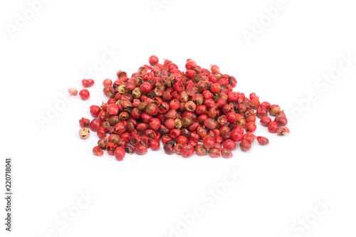 pink peppercorns isolated on white background, dried berries of Peruvian pepper tree