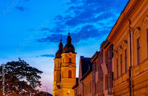 Historic church on at night in Nyiregyhaza, Hungary photo