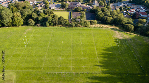 Aerial drone view of a Rugby Union sports pitch marked out before a match