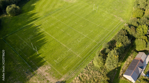Εκτύπωση καμβά Aerial drone view of a Rugby Union sports pitch marked out before a match