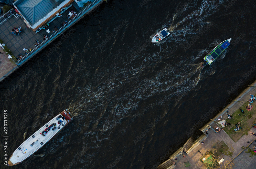 Boats on the Lujan River, Tigre, Buenos Aires, Argentina – Beautiful 4k drone photos of boats at Tigre and Puerto de Frutos on a sunny afternoon in the Capital City