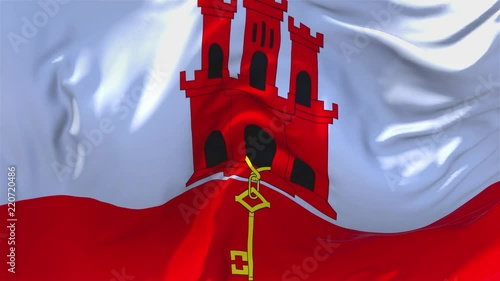 213. Gibraltar Flag Waving in Wind Slow Motion Animation . 4K Realistic Fabric Texture Flag Smooth Blowing on a windy day Continuous Seamless Loop Background.