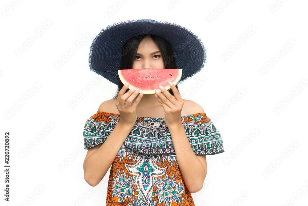 portrait of beautiful asian woman with watermelon isolated on white background. summer and vacations portrait of beautiful asian woman with watermelon isolated on white background. summer and vacations