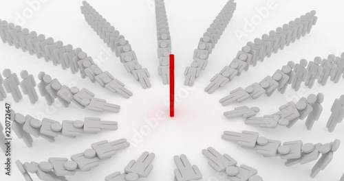 humans standing one by one in circle shape knocked down by the growing boss, 3d rendering