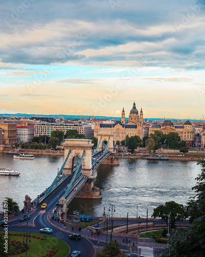 The Sz  chenyi Chain Bridge during sunset from the Budapest castle in Hungary