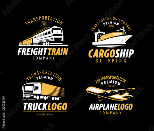 Transportation, shipping logo. Cargo transport, delivery label set. Vector illustration