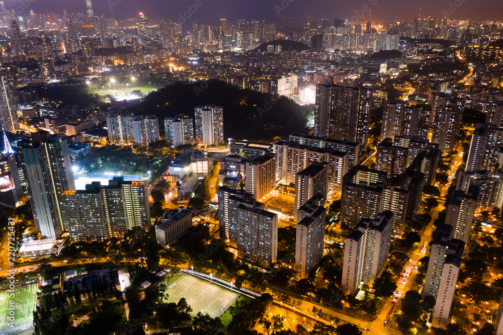 Top view of Hong Kong residential downtown at night