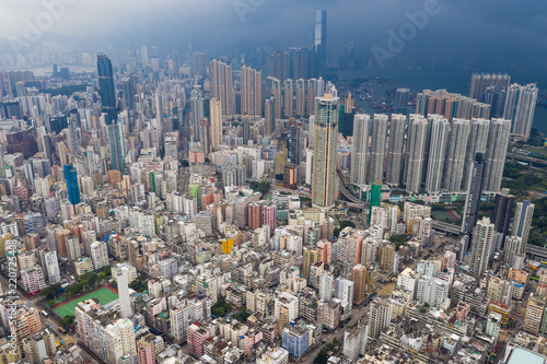 Aerial view of Hong Kong district with thunderstorm