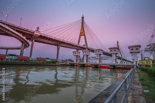 Bhumibol Bridge in Thailand, also known as the Industrial Ring Road Bridge, in Thailand. The bridge crosses the Chao Phraya River twice.