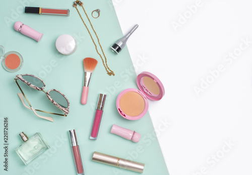 Beauty and cosmetic products flat lay image.