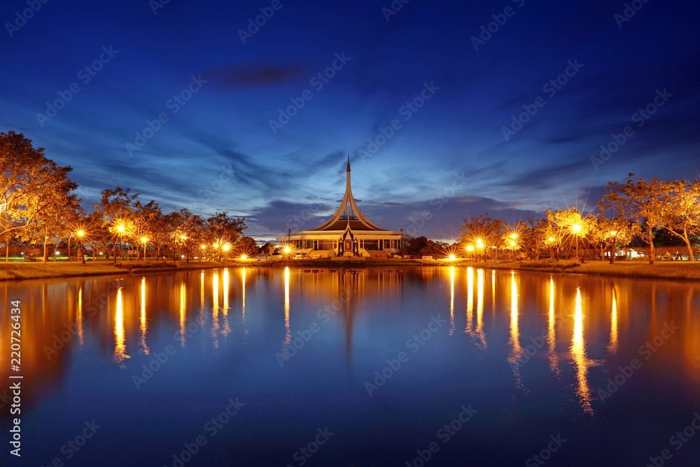 Night light of water reflection of Ratchamangkhala Pavilion at Suan Luang Rama IX Public Park Bangkok,Thailand