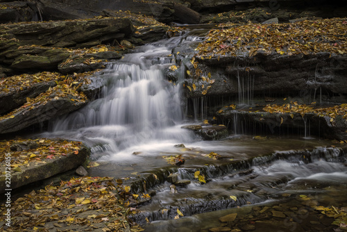 Autumn Leaves Cover Rocks Surrounding a Waterfall in Ricketts Glen State Park in Pennsylvania