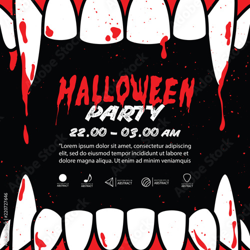 Halloween party square banner with dracula fang on black background ilustration vector. Halloween concept.