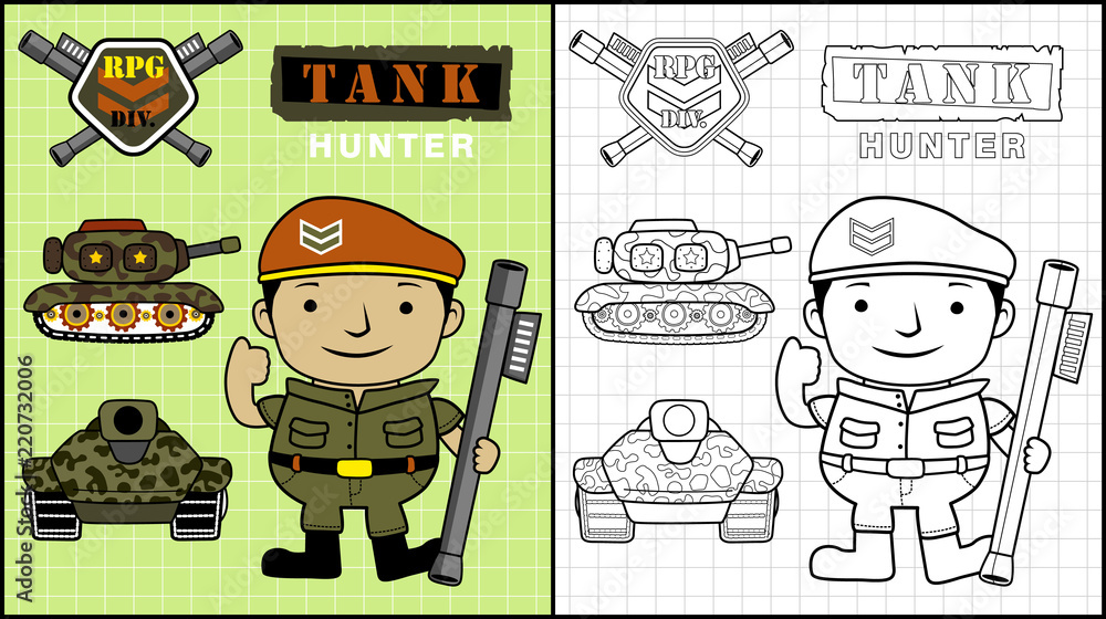 Vector illustration of coloring book or page with little soldier ...