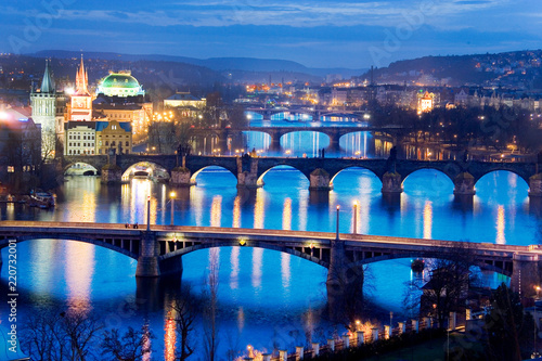 Sticker Prague bridges and Moldau river from Letna orchards, Lesser Town, Prague, Czech republuc