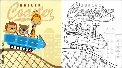 Vector illustration of coloring book or page with happy animals cartoon on roller coaster