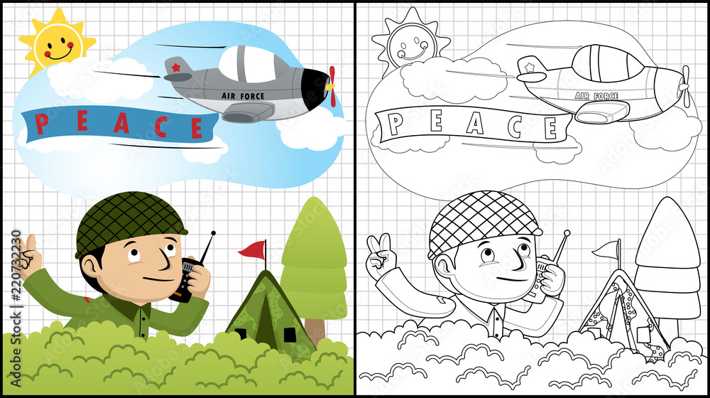 Vector illustration of coloring book or page with military cartoon ...