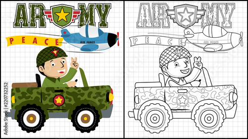 Vector illustration of coloring book or page with soldier cartoon