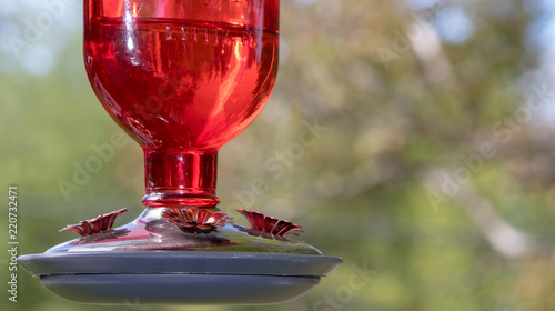 Red liquid hummingbird feeder in the summer sunshine, closeup, nobody.