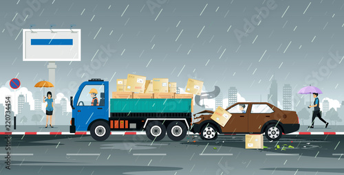 Men driving a car accident hit the truck while the rain was falling.