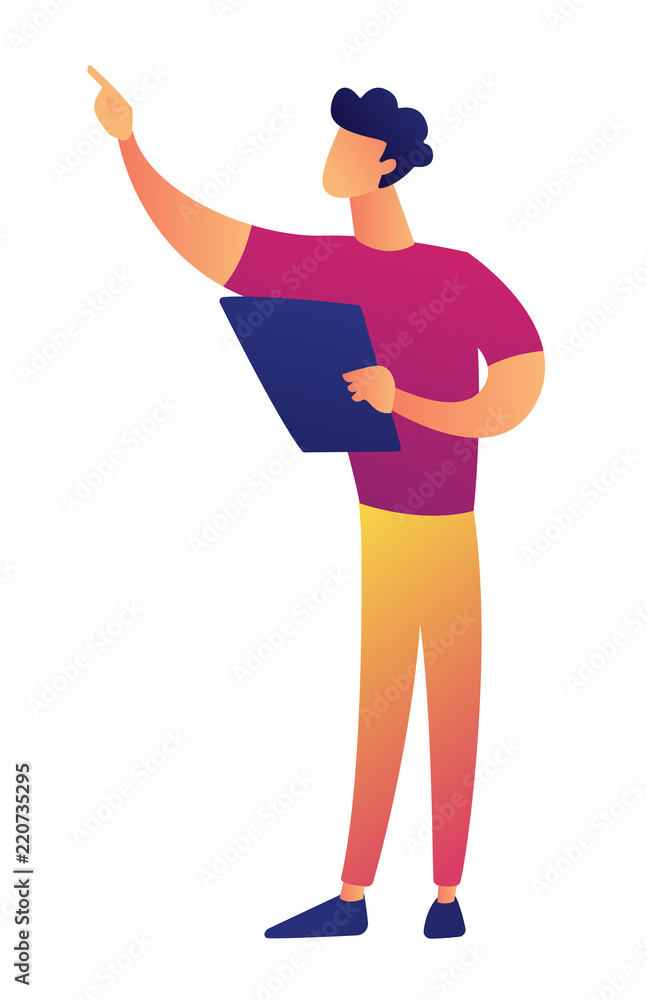 Young teacher standing with papers in hand and pointing at something vector illustration