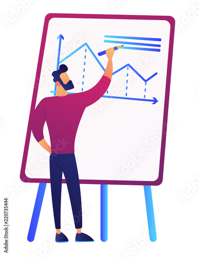 Businessman in front of board drawing graph vector illustration. Project presentation and business meeting, conference speaker, project manager and data analysis concept. Isolated on white background.