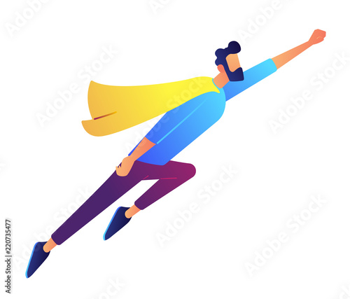 Successful businessman flying up in superhero suit vector illustration. Male superhero, successful professional, fast career growth and business leadership concept. Isolated on white background.