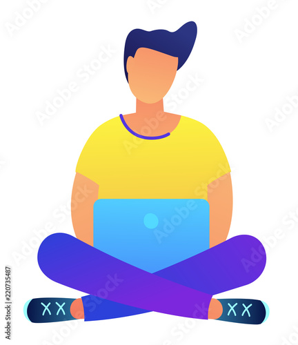 Dark haired programmer working on laptop sitting in lotus pose vector illustration. Freelance and IT sprecialist, business and communication, surf the internet concept. Isolated on white background.