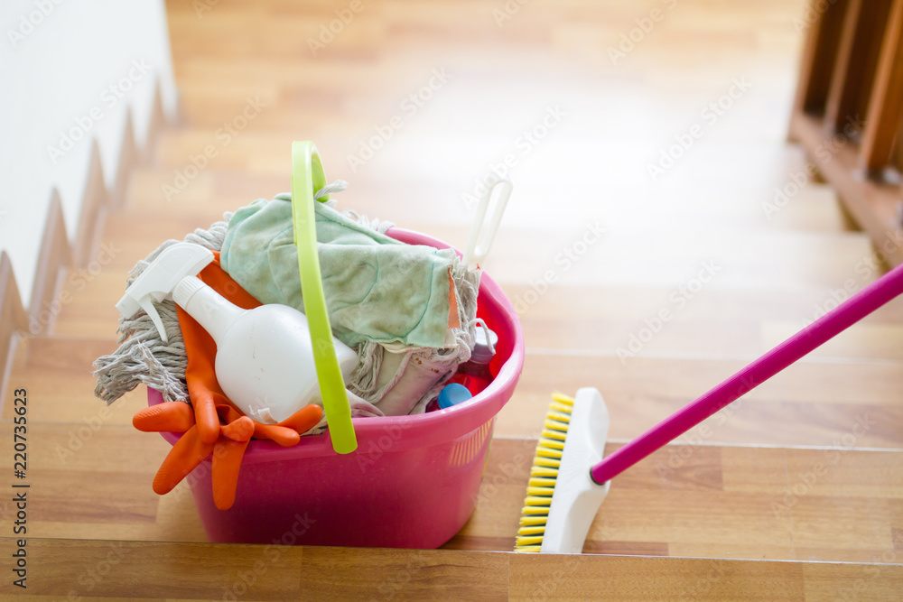 Cleaning product in bucket prepare for clean a stair. cleaning house  service and housekeeping concept. Stock Photo