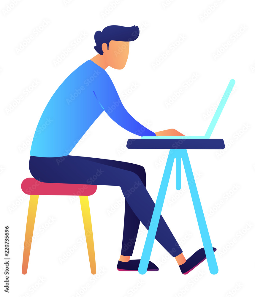 Fototapeta premium Male programmer working on laptop at office desk vector illustration