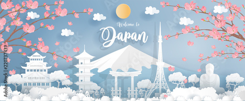Panorama travel postcard, poster, tour advertising of world famous landmarks of Japan, autumn season in paper cut style. Vector illustration.