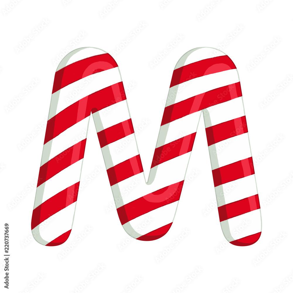 Fototapeta premium Christmas alphabet. Illustration of candy letter M. use for postcards, wallpapers, textiles, scrapbooking, decoration, invitations, background, holiday.