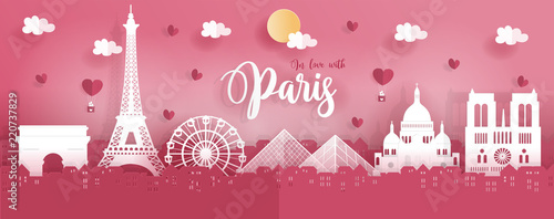 Panorama travel postcard and poster of Paris, France in paper origami style. Love and honeymoon trip concept. Vector illustration.
