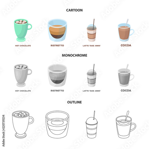 Ristretto, hot chocolate, latte take-away.Different types of coffee set collection icons in cartoon,outline,monochrome style vector symbol stock illustration web.