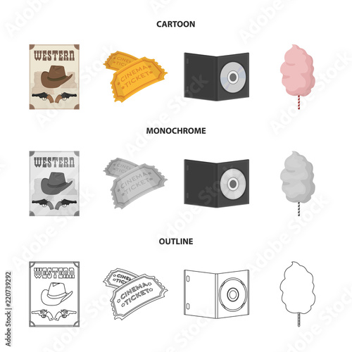 Western cinema, tickets, sweet cotton wool, film on DVD.Filmy and cinema set collection icons in cartoon,outline,monochrome style vector symbol stock illustration web.