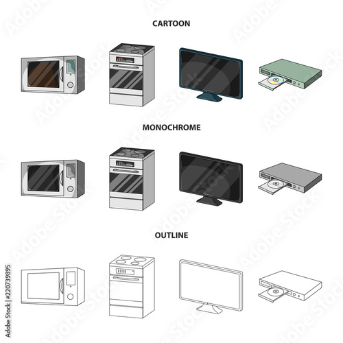 Home appliances and equipment cartoon,outline,monochrome icons in set collection for design.Modern household appliances vector symbol stock web illustration.