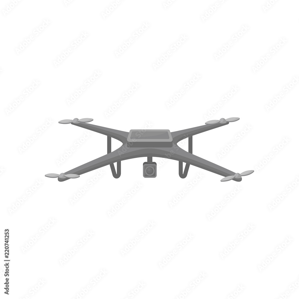 Flat vector icon of flying drone. Gray drone with four rotor blades and action camera Flat vector icon of flying drone. Gray drone with four rotor blades and action camera