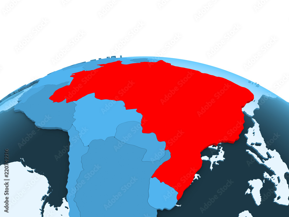 Brazil on blue political globe Brazil on blue political globe