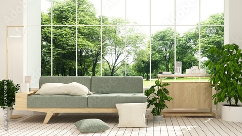 The interior minimal hotel relax space 3d rendering and nature view background