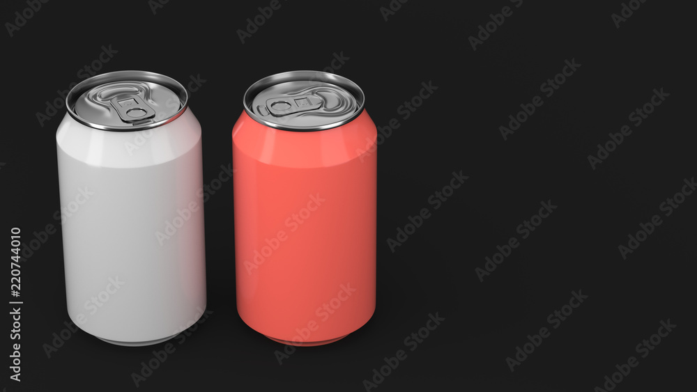 Two small white and red aluminum soda cans mockup on black background Two small white and red aluminum soda cans mockup on black background