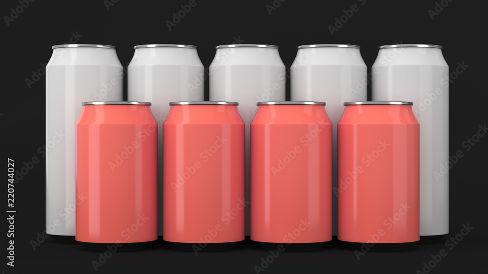 White and red soda cans standing in two raws on black background White and red soda cans standing in two raws on black background